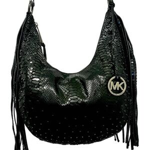 Michael Kors Rhea Crystal Black MD Slouchy Hobo Shoulder Patent Python Bag